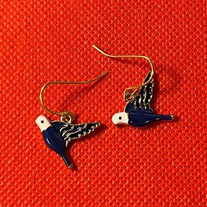 Blue and White Enamel Birds Gold Tone French Hooks Pierced Earrings